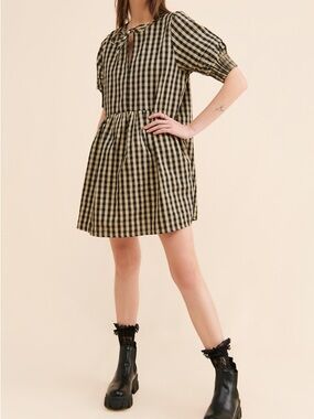 Anthropologie Afternoon Small Gingham Check Black & Beige Polly Mini Dress